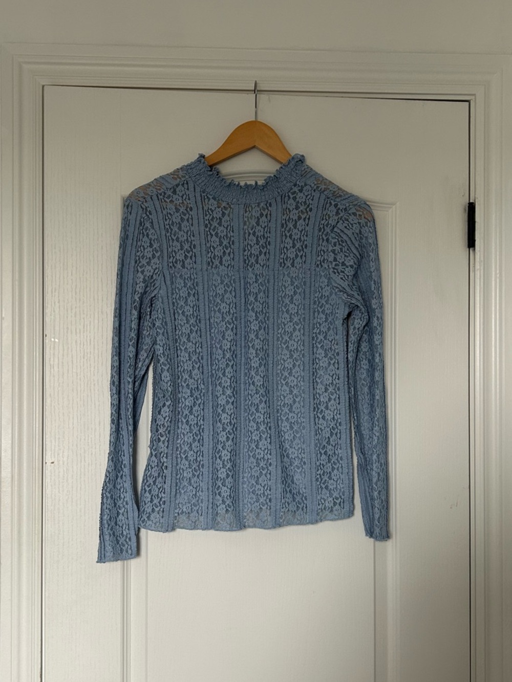 Suzy Shier Light Blue Lace Long Sleeve Ruffle Neck Top